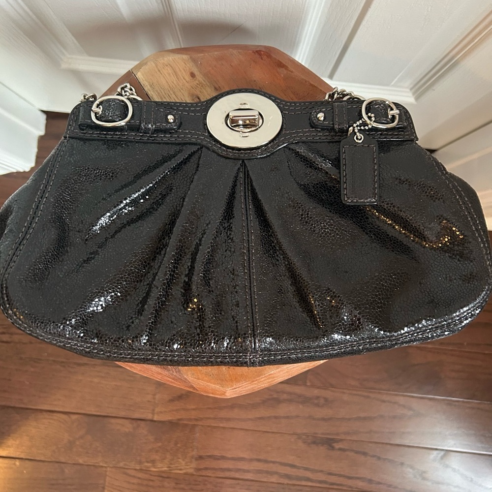 Coach Metalic Glossy Black Leather Clutch Shoulder Evening  Bag